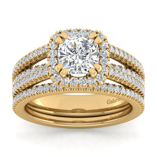 14K Yellow Gold Cushion Halo Diamond Engagement Ring