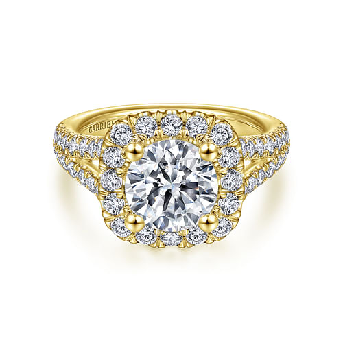 14K Yellow Gold Cushion Halo Round Diamond Engagement Ring