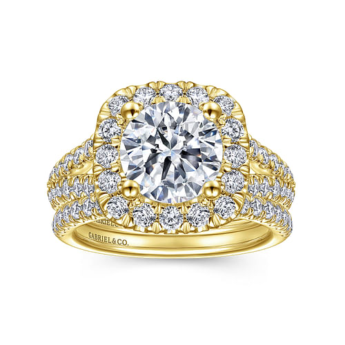 14K Yellow Gold Cushion Halo Round Diamond Engagement Ring