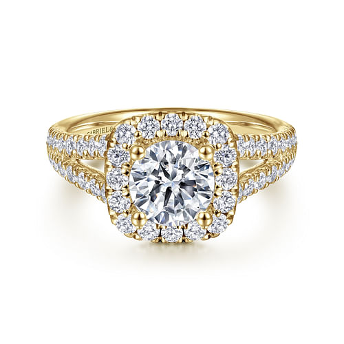 14K Yellow Gold Cushion Halo Round Diamond Engagement Ring