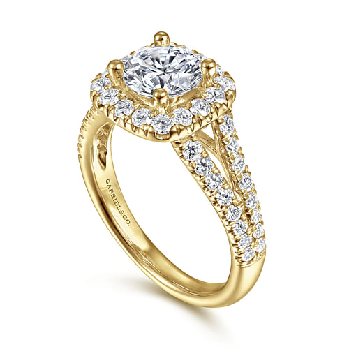 14K Yellow Gold Cushion Halo Round Diamond Engagement Ring