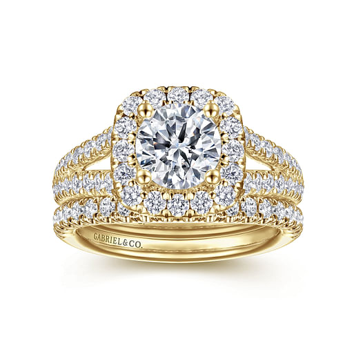 14K Yellow Gold Cushion Halo Round Diamond Engagement Ring