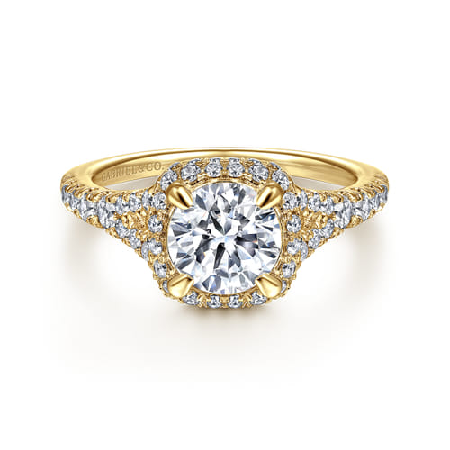 14K Yellow Gold Cushion Halo Round Diamond Engagement Ring