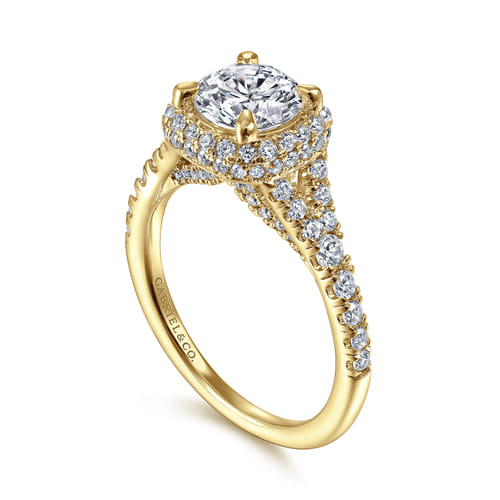 14K Yellow Gold Cushion Halo Round Diamond Engagement Ring