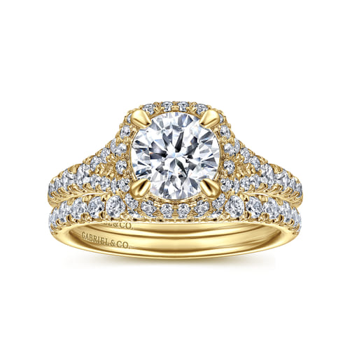 14K Yellow Gold Cushion Halo Round Diamond Engagement Ring