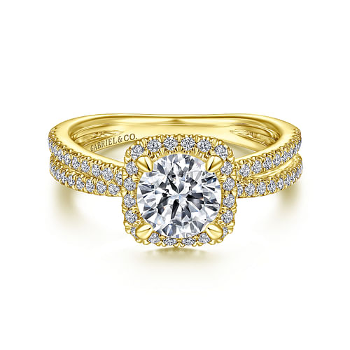 14K Yellow Gold Cushion Halo Round Diamond Engagement Ring