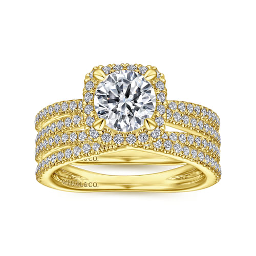 14K Yellow Gold Cushion Halo Round Diamond Engagement Ring