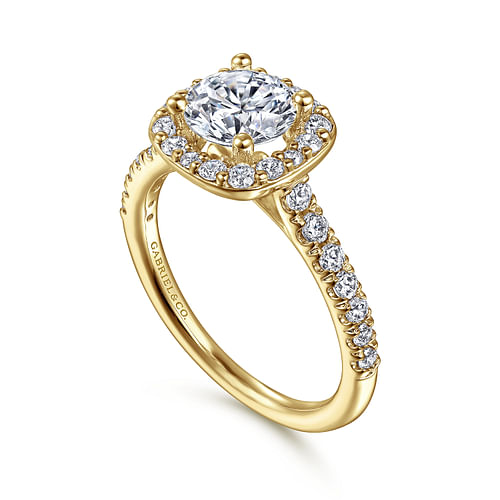 14K Yellow Gold Cushion Halo Round Diamond Engagement Ring