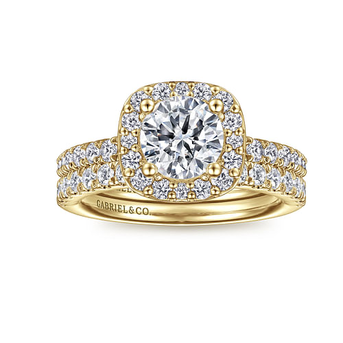 14K Yellow Gold Cushion Halo Round Diamond Engagement Ring