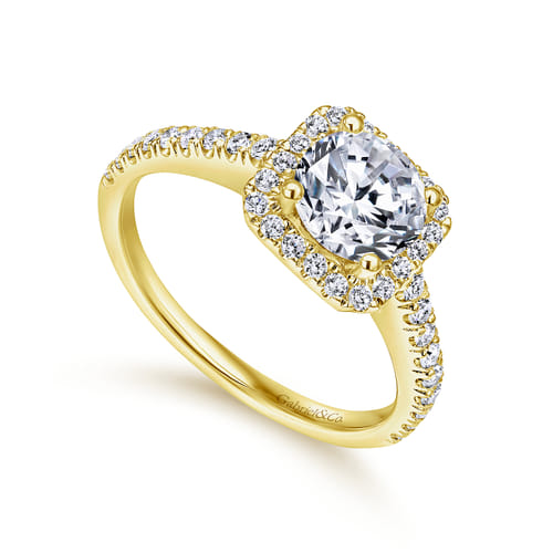 14K Yellow Gold Cushion Halo Round Diamond Engagement Ring