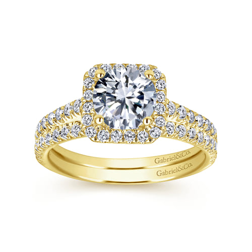 14K Yellow Gold Cushion Halo Round Diamond Engagement Ring