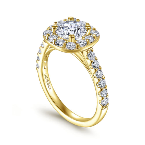 14K Yellow Gold Cushion Halo Round Diamond Engagement Ring