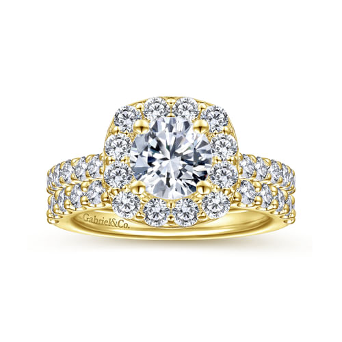 14K Yellow Gold Cushion Halo Round Diamond Engagement Ring