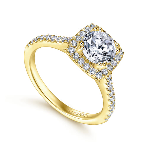 14K Yellow Gold Cushion Halo Round Diamond Engagement Ring