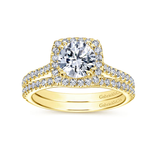 14K Yellow Gold Cushion Halo Round Diamond Engagement Ring