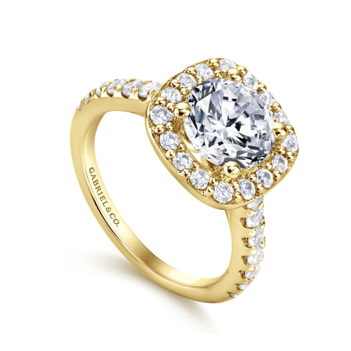 14K Yellow Gold Cushion Halo Round Diamond Engagement Ring