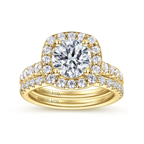 14K Yellow Gold Cushion Halo Round Diamond Engagement Ring