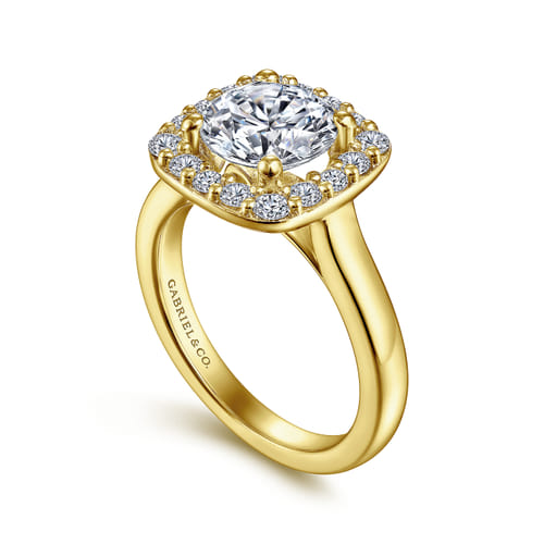 14K Yellow Gold Cushion Halo Round Diamond Engagement Ring