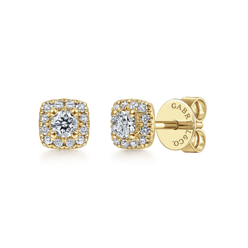 14K Yellow Gold Cushion Halo Round Diamond Stud Earrings
