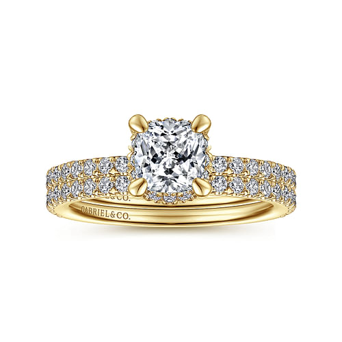 14K Yellow Gold Cushion Hidden Halo Diamond Engagement Ring
