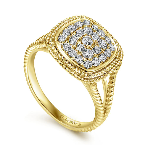 14K Yellow Gold Cushion Shape Diamond Pavé Split Shank Ring