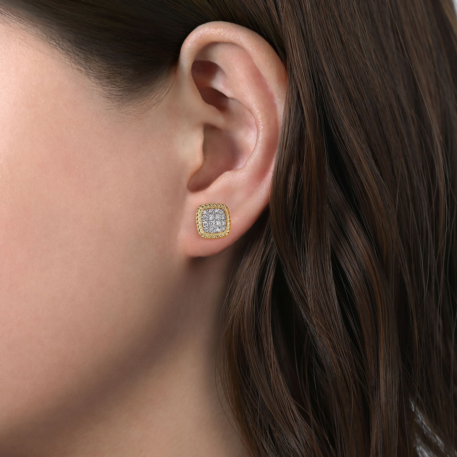 14K Yellow Gold Cushion Shape Pavé Diamond Stud Earrings