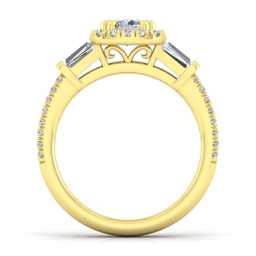 14K Yellow Gold Cushion Three Stone Halo Diamond Channel Set Engagement Ring