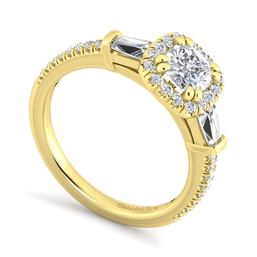 14K Yellow Gold Cushion Three Stone Halo Diamond Channel Set Engagement Ring