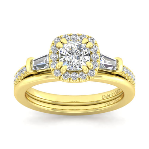 14K Yellow Gold Cushion Three Stone Halo Diamond Channel Set Engagement Ring