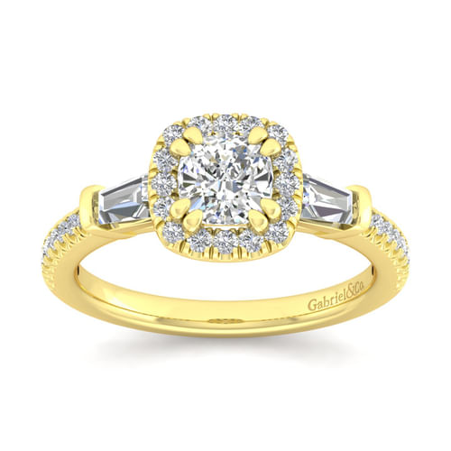 14K Yellow Gold Cushion Three Stone Halo Diamond Channel Set Engagement Ring