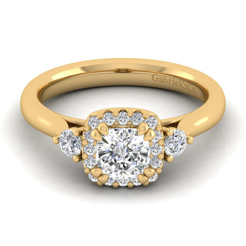 14K Yellow Gold Cushion Three Stone Halo Diamond Engagement Ring