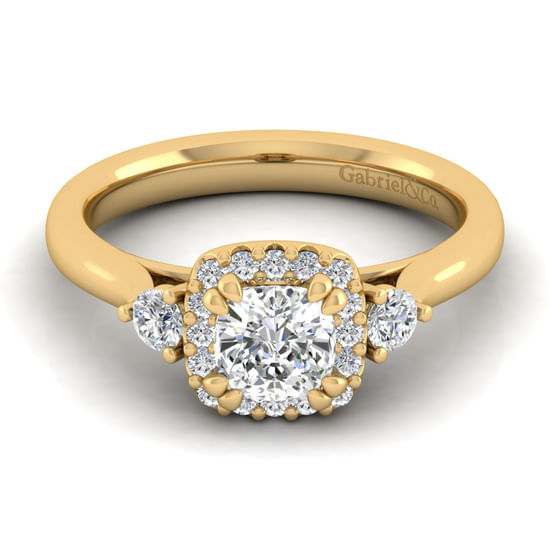 Gabriel - 14K Yellow Gold Cushion Three Stone Halo Diamond Engagement Ring