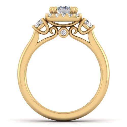 14K Yellow Gold Cushion Three Stone Halo Diamond Engagement Ring