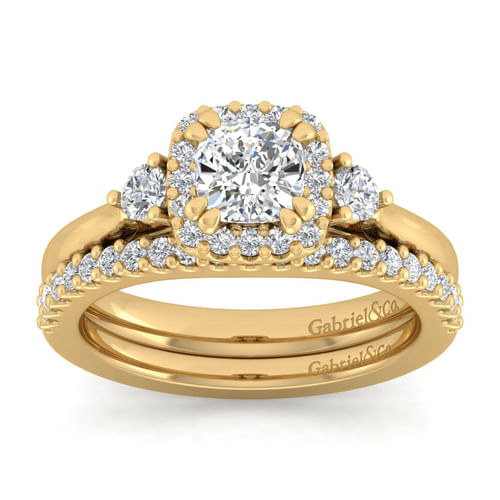 14K Yellow Gold Cushion Three Stone Halo Diamond Engagement Ring