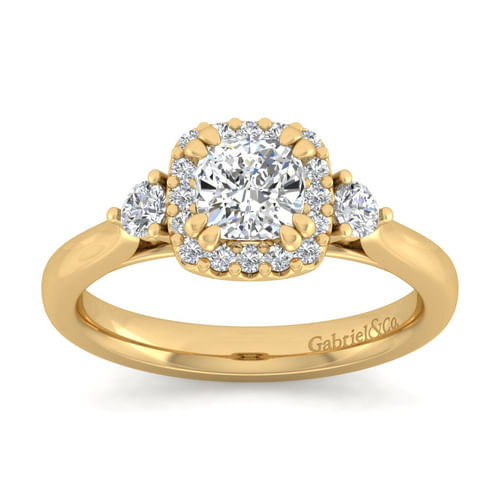 14K Yellow Gold Cushion Three Stone Halo Diamond Engagement Ring