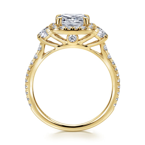 14K Yellow Gold Cushion Three Stone Halo Diamond Engagement Ring