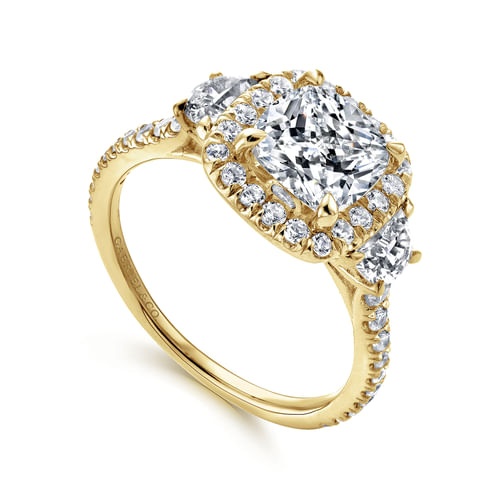 14K Yellow Gold Cushion Three Stone Halo Diamond Engagement Ring