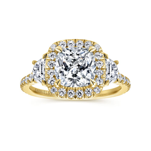 14K Yellow Gold Cushion Three Stone Halo Diamond Engagement Ring