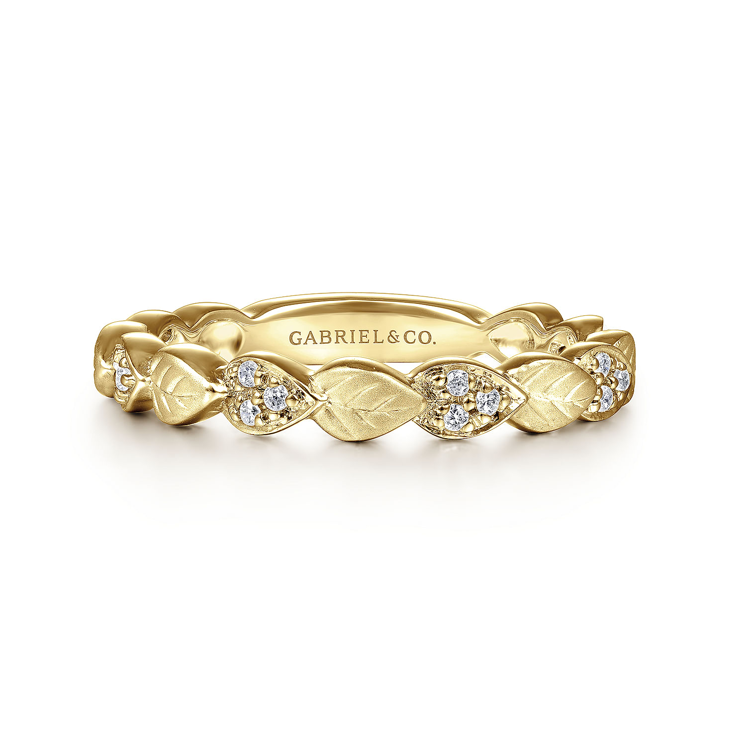 14K Yellow Gold Delicate Leaf Diamond Stackable Ring