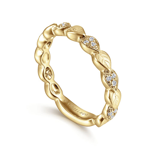 14K Yellow Gold Delicate Leaf Diamond Stackable Ring