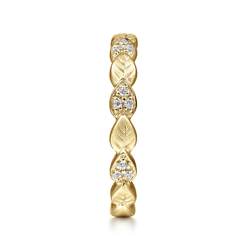 14K Yellow Gold Delicate Leaf Diamond Stackable Ring