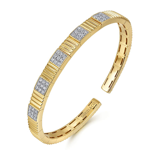 14K Yellow Gold Demure Diamond Bangle W/Diamond Cut Texture in size #6.25