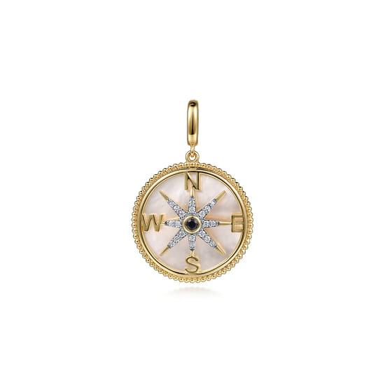 14K Yellow Gold Diamond & Blue Sapphire 24mm Compass Medallion Pendant With Detachable Bail