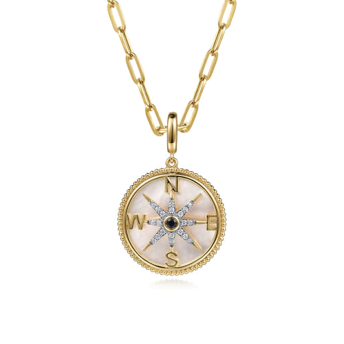 14K Yellow Gold Diamond & Blue Sapphire 24mm Compass Medallion Pendant With Detachable Bail