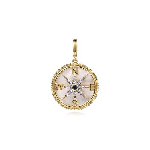 14K Yellow Gold Diamond & Blue Sapphire Compass Medallion Pendant With Detachable Bail