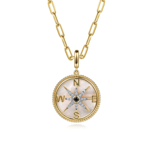 14K Yellow Gold Diamond & Blue Sapphire Compass Medallion Pendant With Detachable Bail