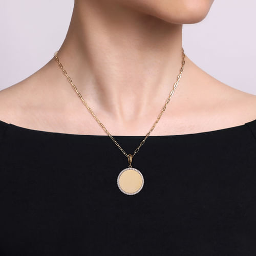 14K Yellow Gold Diamond 24mm Round Medallion Personalized Pendant With Detachable Bail