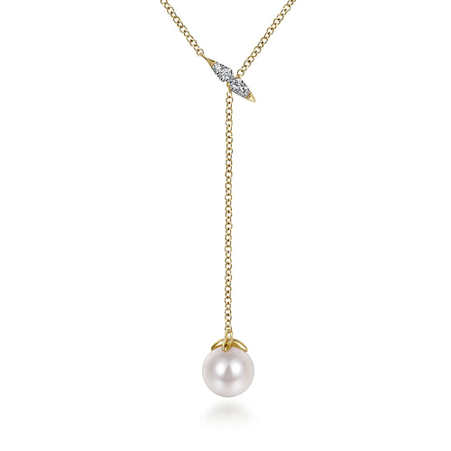 14K Yellow Gold Diamond And Pearl Y Knot Necklace 