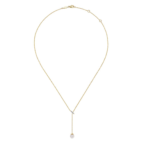 14K Yellow Gold Diamond And Pearl Y Knot Necklace 