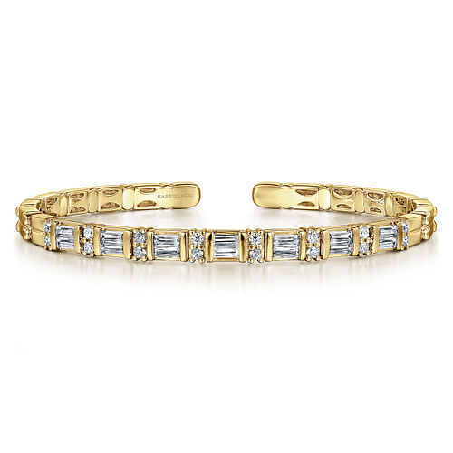 14K Yellow Gold Diamond Baguette Station Bangle